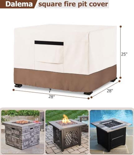 Fire Pit Cover,Outdoor Heavy Duty 600D 100% Waterproof Fire Pit Cover Square,Weatherproof Firepit Covers Square 28" W x 28" D x 25" H,Beige & Brown