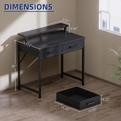 Pamray 32 Inch Small Computer Desk with Monitor Stand and 2 Drawers