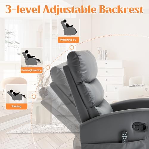 Luxlen Manual Swivel Rocker Recliner Chair with Massage, Overstuffed Recliner Glider with Vibration Massage and Heat for Nursery, Living Room Reclining Sofa Chair, PU Leather Gray