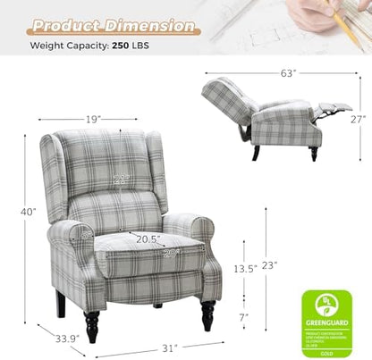 HULALA HOME Upholstered Wingback Recliner Chair Set of 2, Small Adjustable Footrest Push Back Single Reclining Sofa, Mid Century Modern Lounge Armchair for Living Room, Bedroom, Reading/Plaid Grey
