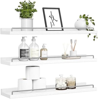 RYOFOBETTO 32 inches Long Floating Shelves, Bathroom Decor Shelves Over Toilet, Farmhouse Wall Shelves for Living Room, Bedroom, Picture Frames, Plants, Kitchen, Set of 3 (White and Grey)