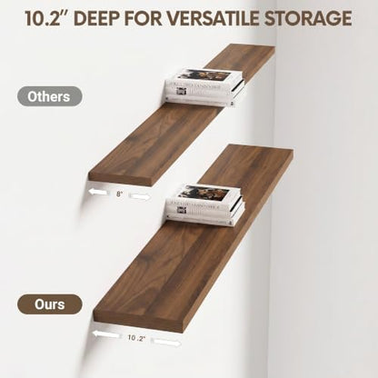 10 Inch Deep Floating Shelves for Wall 48” Set of 2, Walnut