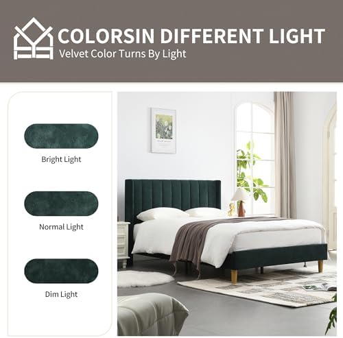 YUHUASHI Queen Bed Frame，Platform Bed with Upholstered Headboard，Ink Green