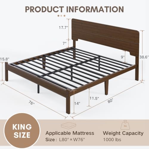14" Solid Bamboo Wood King Size Platform Bed Frame with Headboard