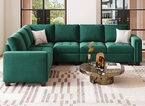 Belffin Modular Sectional Sofa L Shaped Couch with Reversible Chaises 6-Seater Convertible Sectional Sofa Couch Velvet Corner Sofa Green