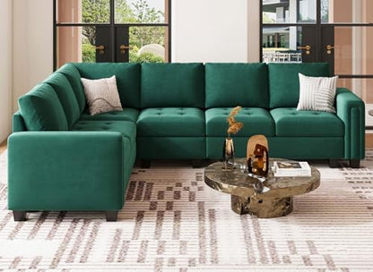 Belffin Modular Sectional Sofa L Shaped Couch with Reversible Chaises 6-Seater Convertible Sectional Sofa Couch Velvet Corner Sofa Green