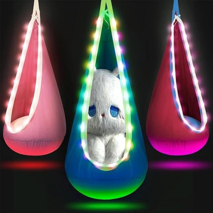 Light Up Kids Pod Swing, Indoor Outdoor Hammock Seat w/ LED Lights,Rose Red