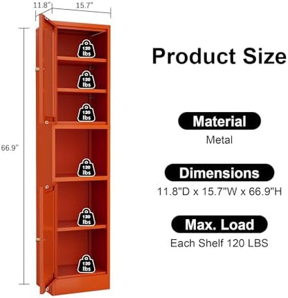 Metal Bathroom Storage Cabinet, Tall Narrow Cabinet with Glass Doors Ajustable Shelves Open Countertop, Slim Sideboard for Small Spaces, Living Room, Kicthen, Dining Room