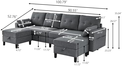 Convertible Sectional Sofa Couch, 101" U Shaped Couch with Storage Chaise and Side Pocket, Modern Polyester 4-Seat Reversible Sofa Set for Living Room, Dark Grey