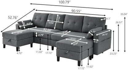Convertible Sectional Sofa Couch, 101" U Shaped Couch with Storage Chaise and Side Pocket, Modern Polyester 4-Seat Reversible Sofa Set for Living Room, Dark Grey