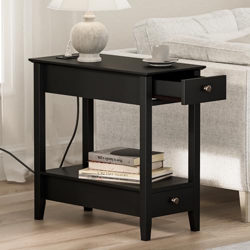 End Tables Living Room Set of 2 with Charging Station and 2 Drawers