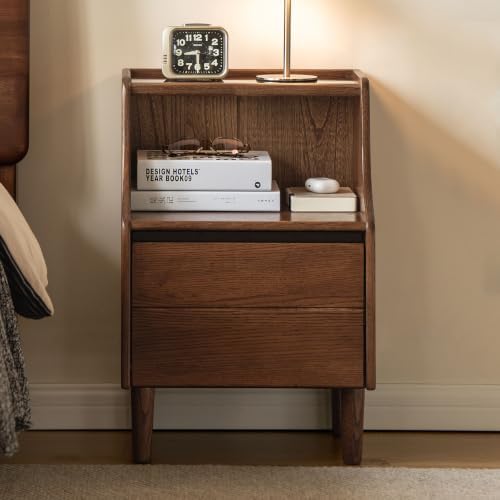 Solid Oak Wood Nightstand Drawer Open Storage Walnut Bedside Table