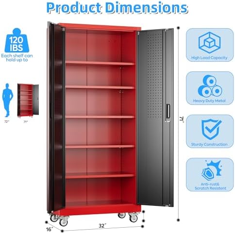 Reemoon 71"H Metal Garage Storage Cabinet,Tool Cabinet with Wheels,Pegboard