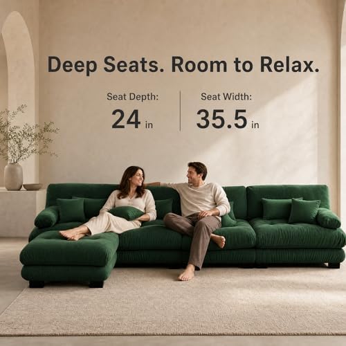 173.2" Chenille Cloud Couch, L Shaped Sofa Couch Ottoman, Green