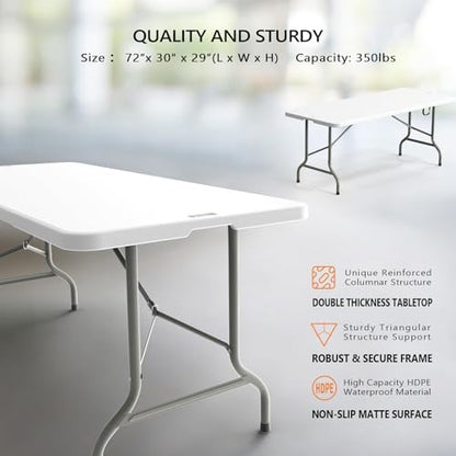VINGLI 8 Foot Plastic Folding Table Portable Long Table for Indoor Outdoor Use Rectangular with Carrying Handle，White