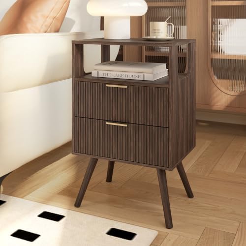 Leomonio Fluted Nightstand, Modern Night Stand with 2 Drawer and Open Shelf