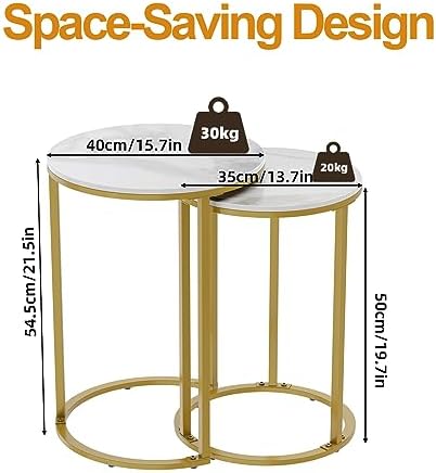 Wisfor Round Nesting Coffee Table: Set of 2 White Sintered Stone Stacking Side Table with Golden Metal Frame - Small Sofa End Table for Living Room Bedroom, 15.7x21.5 (13.8x19.7)