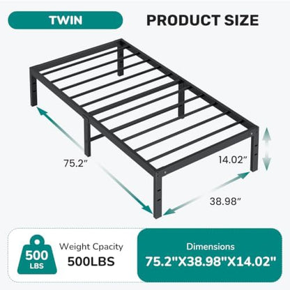 OLIXIS 14in Twin Metal Bed Frame, Sturdy Steel with Support Slats, 500LBS