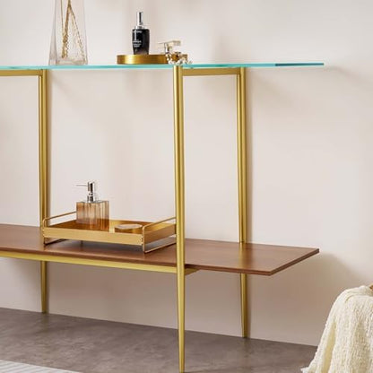 Extra Large Glass Console Table for Living Room, Foyer & Entrance, L47 x W16 x H31, Mid-Century Modern Sofa Table with Clear Glass Top, Walnut Finish Wood Top and Gold Finish Metal Frame