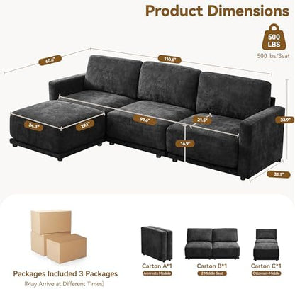 Modular Sectional Couch, 110.6" Chenille L Shaped Cloud Sofa, Black