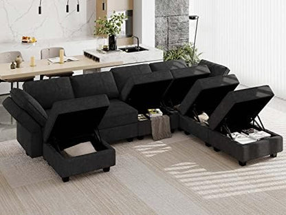 Belffin Large U Shaped Sectional Sofa Set with Storage Modular Sectional Couch for Living Room. Black Couch