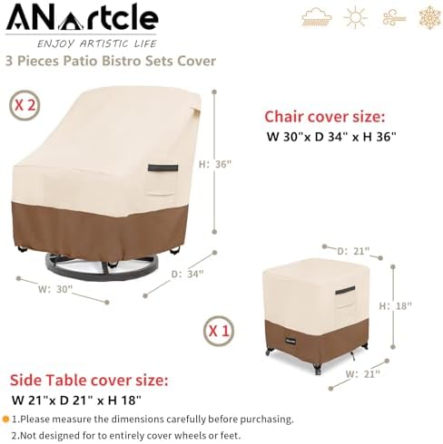 3 Pieces Patio Bistro Sets Cover,600D Waterproof Heavy Duty Patio Furniture Covers,Includes 2 Outdoor Swivel Chair Covers and 1 Patio Wicker Side Table Cover(Beige&brown)