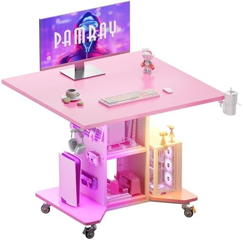 Pamray Small Gaming Desk Rolling Computer Table Pink