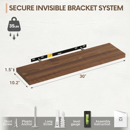 10 Inch Deep Floating Shelves 30x10” Set of 2, Walnut