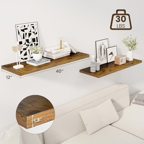Dreamland 40" Floating Shelves for Wall, 12" Deep Slim Rustic Brown Floating Shelves, Wall-Mounted Shelves for Bedroom, Living Room, Kitchen, Bathroom - Set of 2
