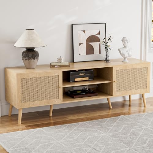 TV Stand with Rattan Doors for TVs up to 65", Mid-Century, Natural