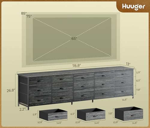 Huuger 78.7 inch Long Dresser for Bedroom, 15 Drawer Fabric Dresser for Closet, Large TV Stand for 65, 75, 85 inch TV, Wide Chest of Drawer with Storage, 78.7" W x 12.9" D x 26.7" H, Charcoal Black