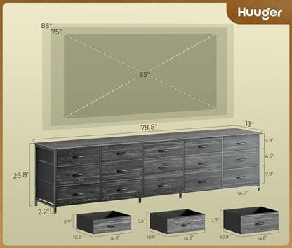 Huuger 78.7 inch Long Dresser for Bedroom, 15 Drawer Fabric Dresser for Closet, Large TV Stand for 65, 75, 85 inch TV, Wide Chest of Drawer with Storage, 78.7" W x 12.9" D x 26.7" H, Charcoal Black