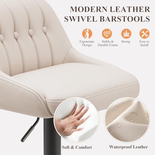 MALOL Bar Stools Set of 6, Swivel Bar Chairs, Modern Adjustable PU Leather Upholstered Barstools Counter Height with Tufted Back for Bar, Kitchen Counter Island, Dining Room, Beige