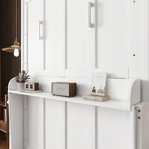 MERITLINE Queen Murphy Bed with Desk, Solid Wood Vertical Murphy Wall Bed Cabinet with Storage Shelves Space-Saving Hidden Bedframe (White,Queen)