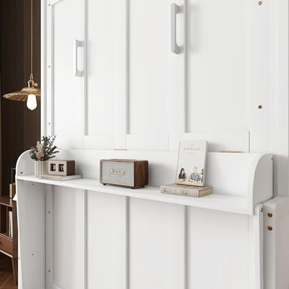MERITLINE Queen Murphy Bed with Desk, Solid Wood Vertical Murphy Wall Bed Cabinet with Storage Shelves Space-Saving Hidden Bedframe (White,Queen)