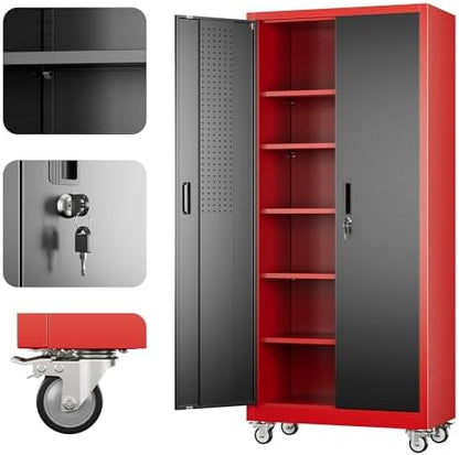 Reemoon 71"H Metal Garage Storage Cabinet,Tool Cabinet with Wheels,Pegboard