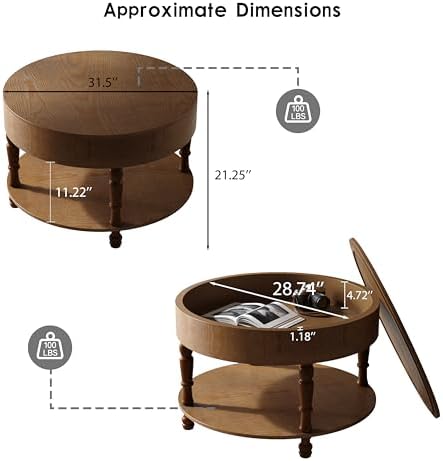 Round Wood Coffee Table for Living Room, Rustic Farmhouse Circle Coffee Tables with Storage 2-Tier Solid Wood Coffee Table for Apartment Office 31.5''Walnut