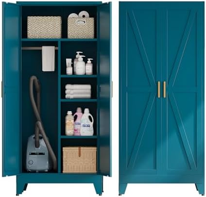 A teal blue double-door storage cabinet shown open on the left and closed on the right, with household items stored inside including baskets, bottles, folded towels, and a vacuum cleaner.