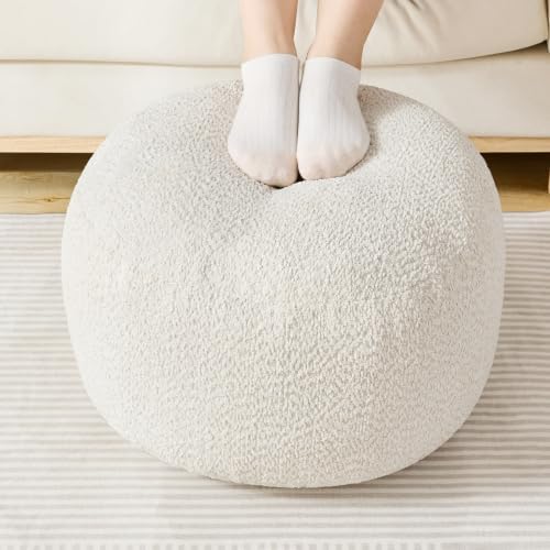 Round Ottoman,Chenille Pouf Foot Rest,Beige,20x15 in