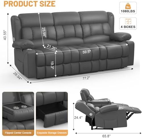 Dresegmt Loveseat Recliner Sofa, Flip Middle Backrest Design PU Leather 3 Seat Reclining Sofa with Storage Drawer, Manual Couch for Living Room/RV (Gray, PU)