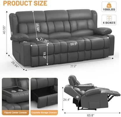Dresegmt Loveseat Recliner Sofa, Flip Middle Backrest Design PU Leather 3 Seat Reclining Sofa with Storage Drawer, Manual Couch for Living Room/RV (Gray, PU)