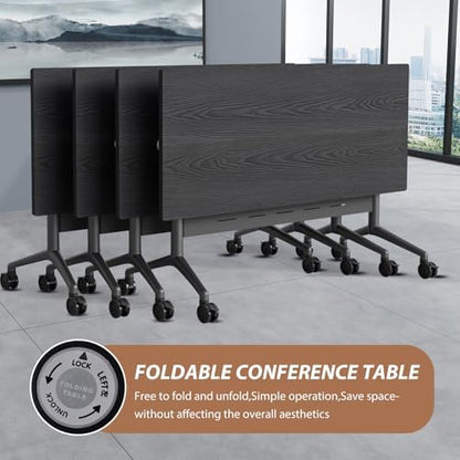 Folding Conference Table Modern Large Mobile Meeting Table Rolling Conference Room Tables with Wheels Seminar Tables for Office Training Classroom (10, Textured Black, 70.9" D X 23.6" W X 29.5" H)
