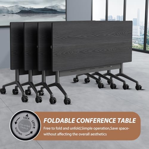 Folding Conference Table Modern Large Mobile Meeting Table Rolling Conference Room Tables with Wheels Seminar Tables for Office Training Classroom (6, Textured Black, 55" D X 23.6" W X 29.5" H)