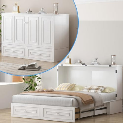 PUREMIND Queen Murphy Bed with Mattress Included, Hideaway Cabinet Bed with 2 Storage Drawers & USB Ports, Space‑Saving Bed for Guest Room, Apartment, Home Office, White