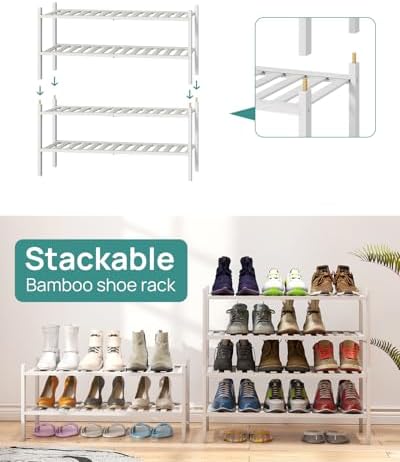 viewcare White Shoe Rack for Entryway, 2 Tier Shoe Organizer for Hallway Closet, Bamboo Wood Shoe Racks for Indoor Outdoor (White, 2-Tier)