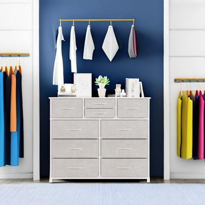 LUMTOK 10-Drawer Dresser, Fabric Storage Tower with Drawers for Bedroom, Dresser Drawer with Handle for Bedroom, Living Room, Hallway, Closets & Nurseryteel Frame, Wood Top (Light Grey)