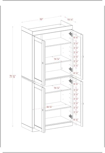 Palace Imports Solid Wood Kitchen Pantry Cabinet - 71.5" Tall x 32" Wide - Wooden Storage Cabinet with 4 Shaker Doors & 4 Adjustable Shelves, Black, 100% Renewable Eco-Friendly Wood, Made in Brazil