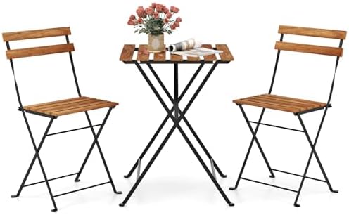 GIANTEX 3-Piece Acacia Wood Bistro Set, Patio Bistro Table with 2 Folding Chairs, Slatted Seat & Tabletop, Metal Frame, Outdoor Furniture Set for Backyard, Porch, Garden, Poolside (Black + Brown)