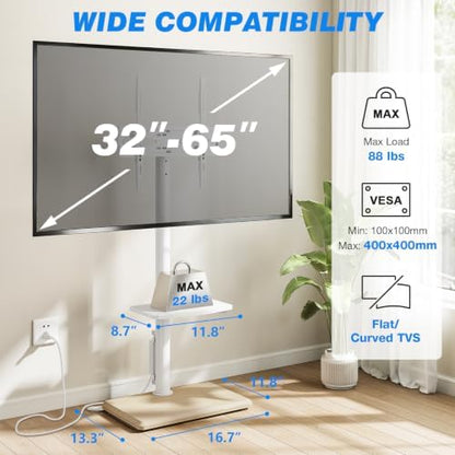 Rfiver Floor TV Stand with Power Outlet for 32-65 inch TVs up to 88 lbs, Swivel TV Mount Stand with Height Adjustment and Oak Wood Base for Bedroom, Office, Corner, Max VESA 400x400mm