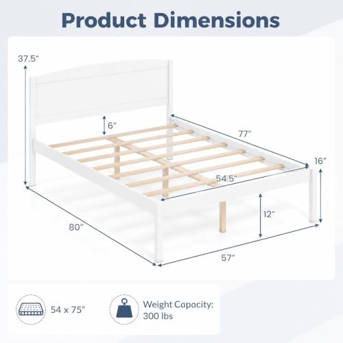 KOMFOTT Full Size Bed Frame, Wooden Platform Bed with Curved Headboard